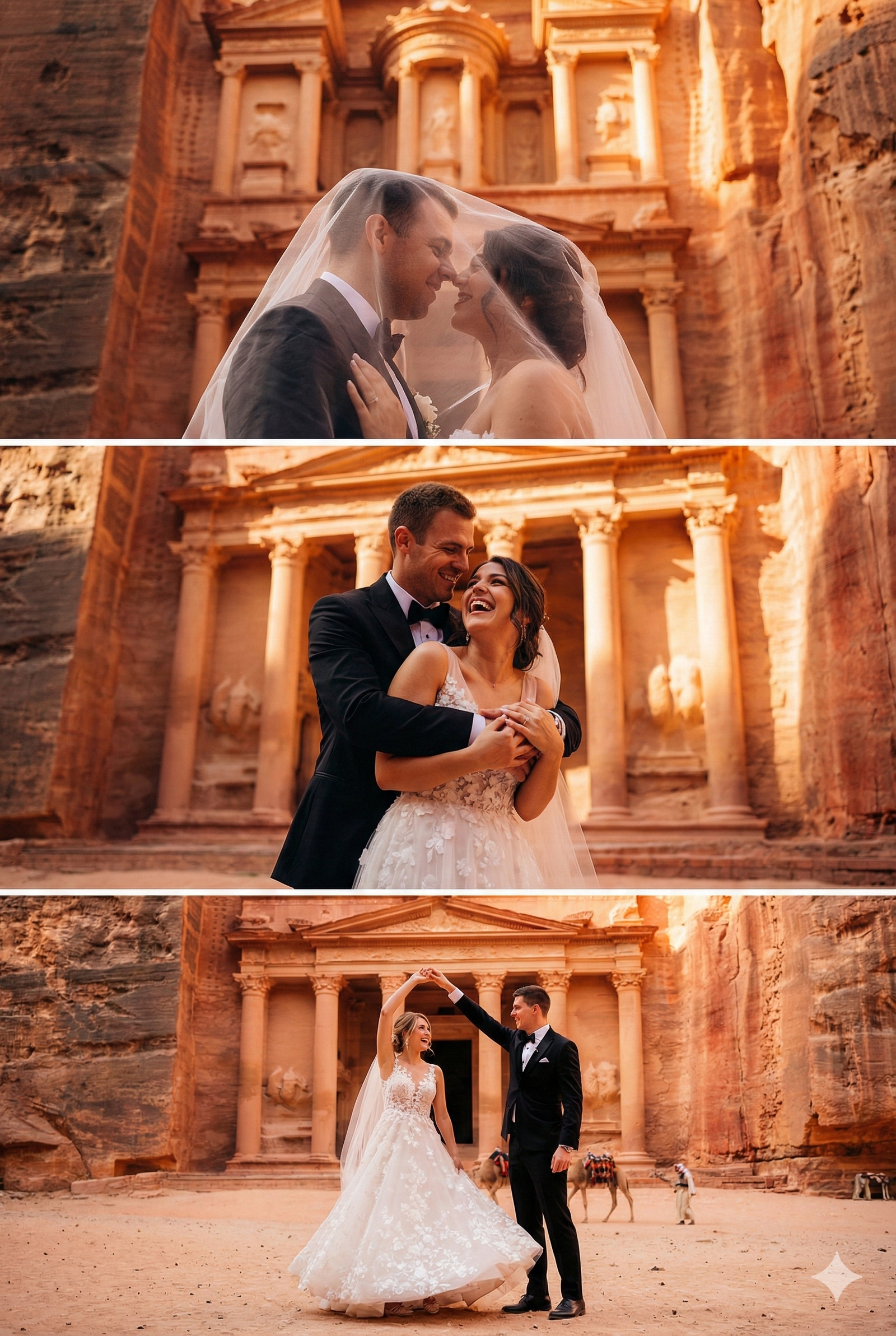 Bride and groom at Petra Treasury, Jordan, veil and first dance in front of Al-Khazneh . عروسان أمام خزنة البتراء في الأردن؛ لقطات تحت الطرحة ورقصة أولى.