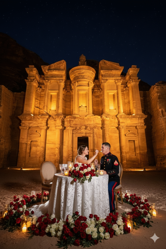 Private candlelit dinner setup at Petra Monastery (Ad-Deir) for newlyweds