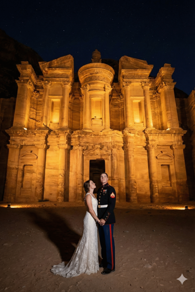 Night wedding portrait at Petra Monastery with golden architectural lighting