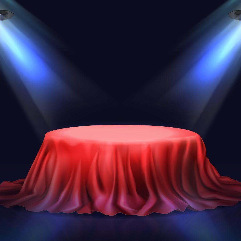 New product presentation 3d realistic vector concept with empty podium or pedestal covered red silk fabric and illuminated in darkness with bright direct beams of stage searchlights illustration