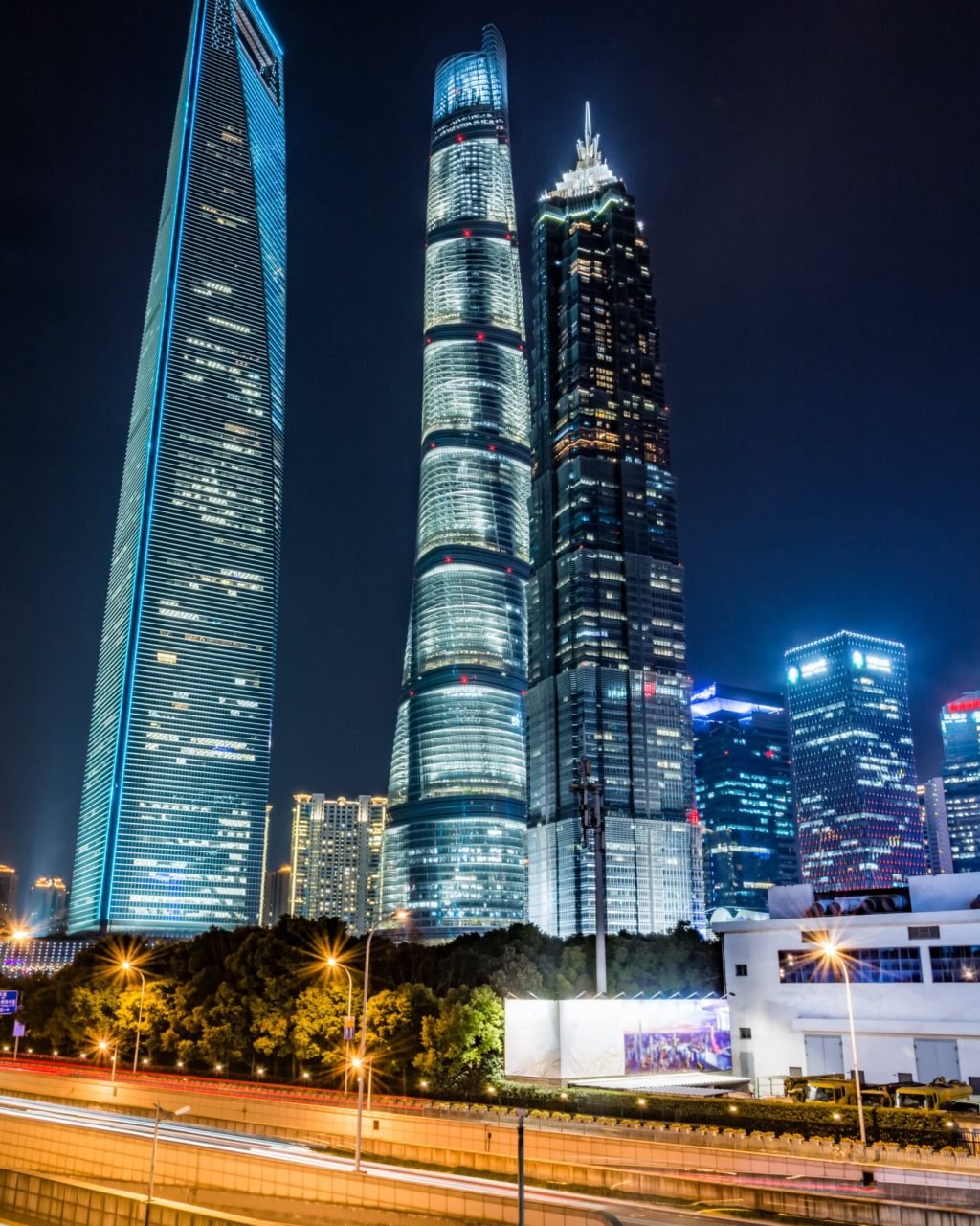 light trails on the modern building background in shanghai china